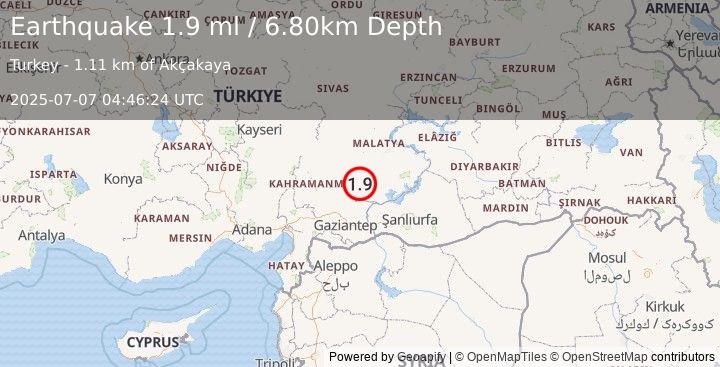 Earthquake CENTRAL TURKEY (1.9 ml) (2025-07-07 04:46:24 UTC)