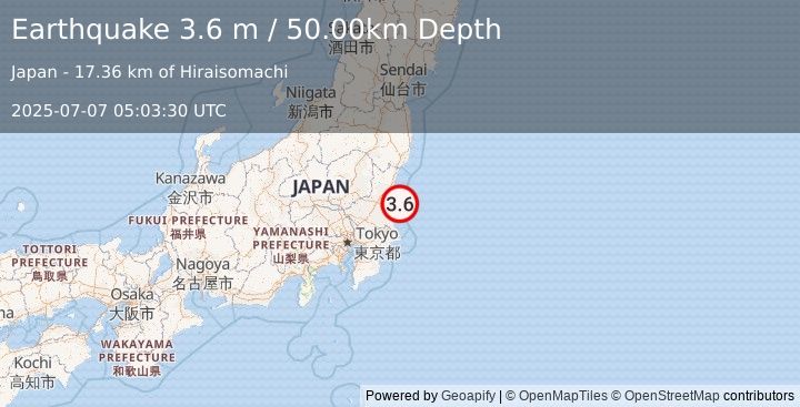 Earthquake NEAR EAST COAST OF HONSHU, JAPAN (3.6 m) (2025-07-07 05:03:30 UTC)