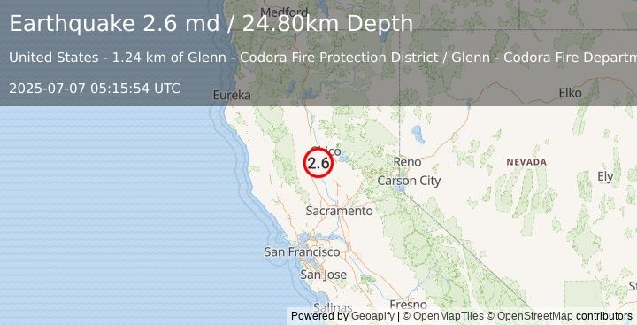 Earthquake NORTHERN CALIFORNIA (2.6 md) (2025-07-07 05:15:54 UTC)