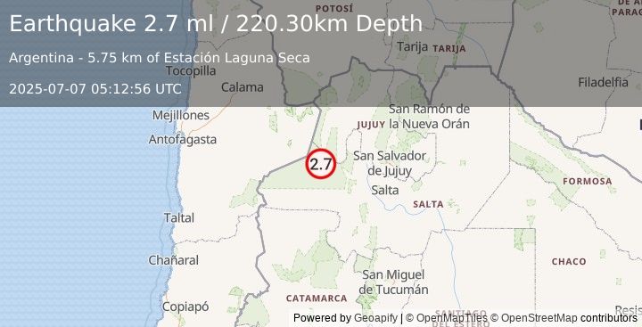 Earthquake SALTA, ARGENTINA (2.7 ml) (2025-07-07 05:12:56 UTC)