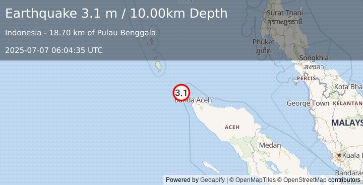 Earthquake NORTHERN SUMATRA, INDONESIA (3.1 m) (2025-07-07 06:04:35 UTC)