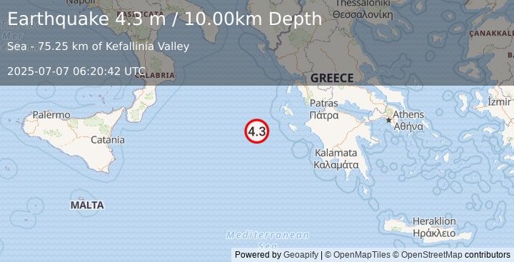 Earthquake IONIAN SEA (4.3 m) (2025-07-07 06:20:41 UTC)