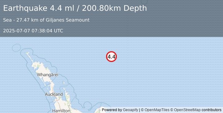 Earthquake SOUTH OF KERMADEC ISLANDS (4.4 ml) (2025-07-07 07:38:04 UTC)