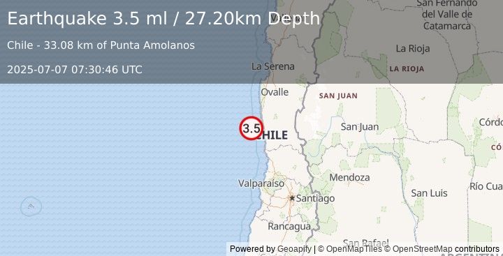 Earthquake OFFSHORE COQUIMBO, CHILE (3.5 ml) (2025-07-07 07:30:46 UTC)