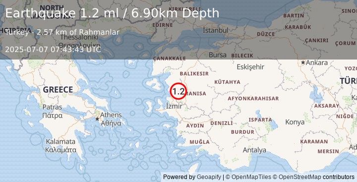 Earthquake WESTERN TURKEY (1.2 ml) (2025-07-07 07:43:43 UTC)