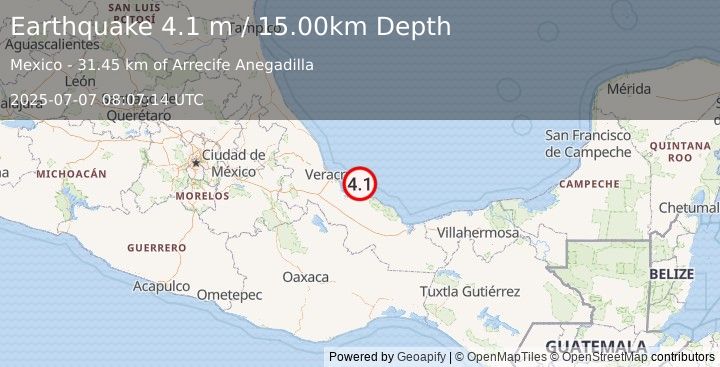 Earthquake OFFSHORE VERACRUZ, MEXICO (4.1 m) (2025-07-07 08:07:14 UTC)
