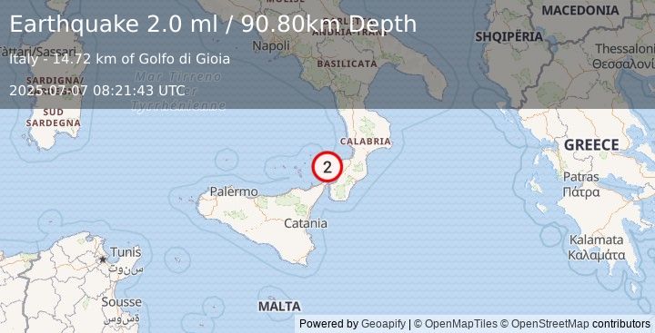 Earthquake SICILY, ITALY (2.0 ml) (2025-07-07 08:21:43 UTC)