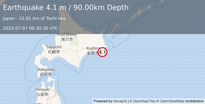 Earthquake HOKKAIDO, JAPAN REGION (4.3 mb) (2025-07-07 08:29:52 UTC)