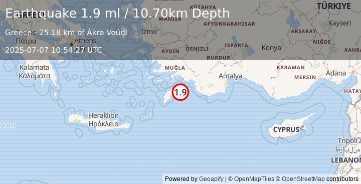 Earthquake DODECANESE IS.-TURKEY BORDER REG (1.9 ml) (2025-07-07 10:54:27 UTC)