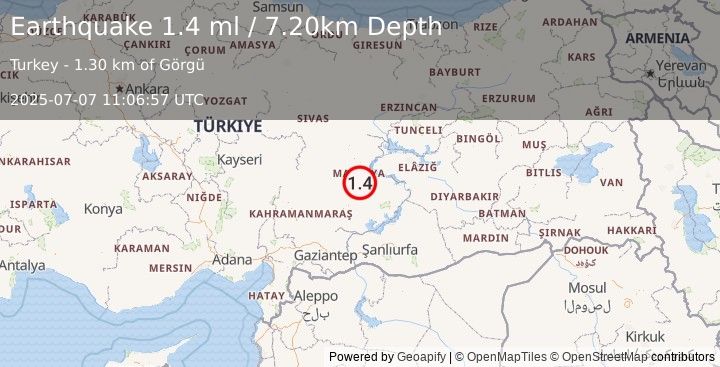Earthquake EASTERN TURKEY (1.4 ml) (2025-07-07 11:06:57 UTC)