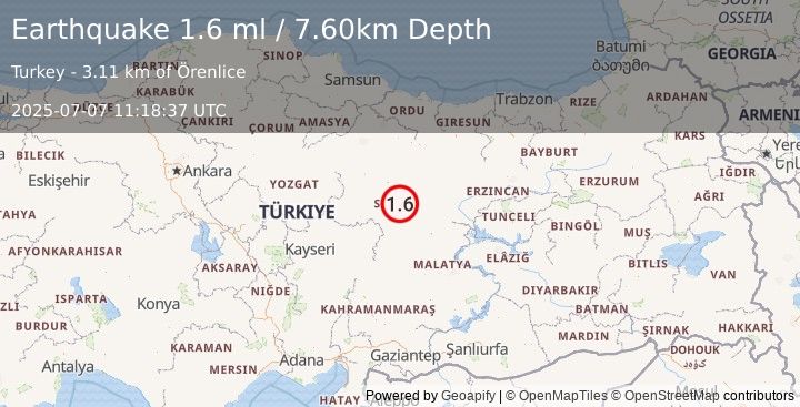 Earthquake CENTRAL TURKEY (1.6 ml) (2025-07-07 11:18:37 UTC)