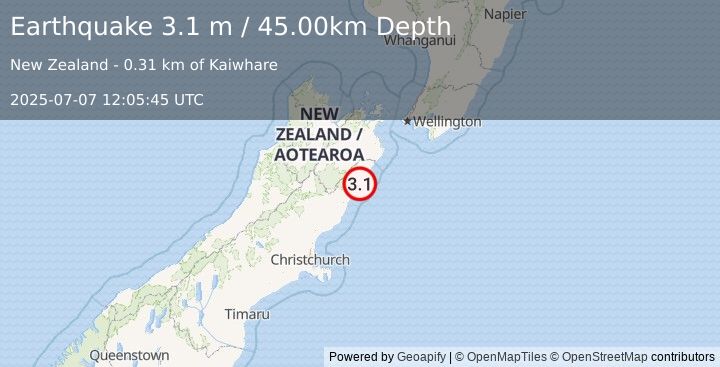 Earthquake SOUTH ISLAND OF NEW ZEALAND (3.1 m) (2025-07-07 12:05:45 UTC)