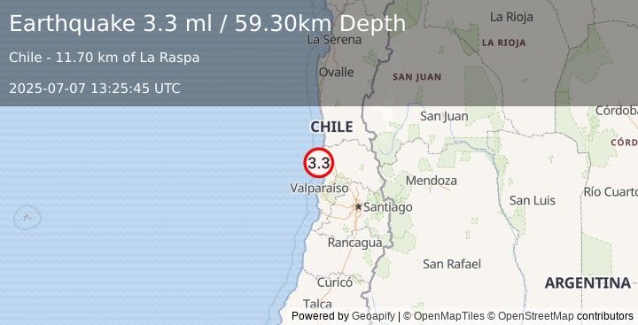 Earthquake OFFSHORE VALPARAISO, CHILE (3.3 ml) (2025-07-07 13:25:45 UTC)