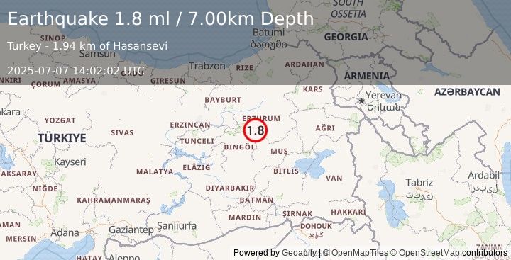 Earthquake EASTERN TURKEY (1.8 ml) (2025-07-07 14:02:02 UTC)