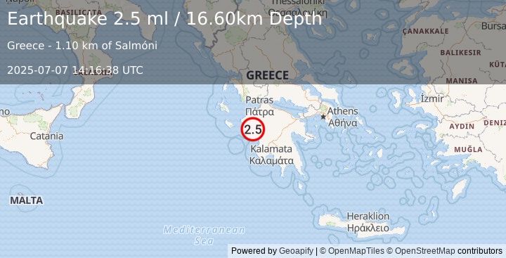 Earthquake SOUTHERN GREECE (2.5 ml) (2025-07-07 14:16:38 UTC)