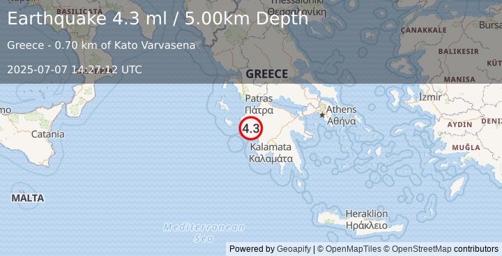 Earthquake SOUTHERN GREECE (2.0 ml) (2025-07-07 14:27:11 UTC)