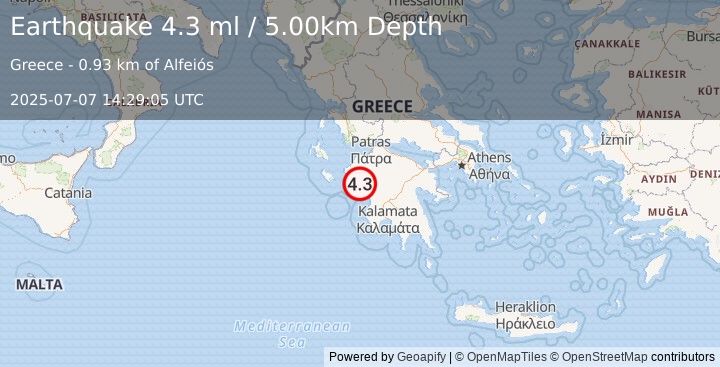 Earthquake SOUTHERN GREECE (3.9 ml) (2025-07-07 14:29:05 UTC)