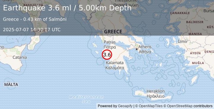 Earthquake SOUTHERN GREECE (3.6 ml) (2025-07-07 14:30:17 UTC)