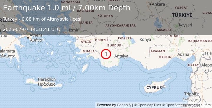 Earthquake WESTERN TURKEY (1.0 ml) (2025-07-07 14:31:41 UTC)