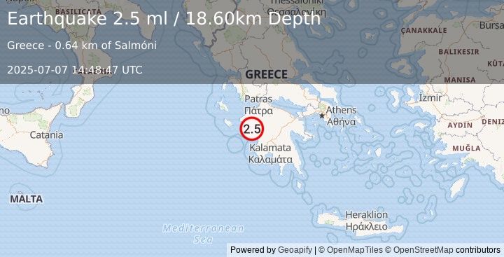 Earthquake SOUTHERN GREECE (2.5 ml) (2025-07-07 14:48:47 UTC)