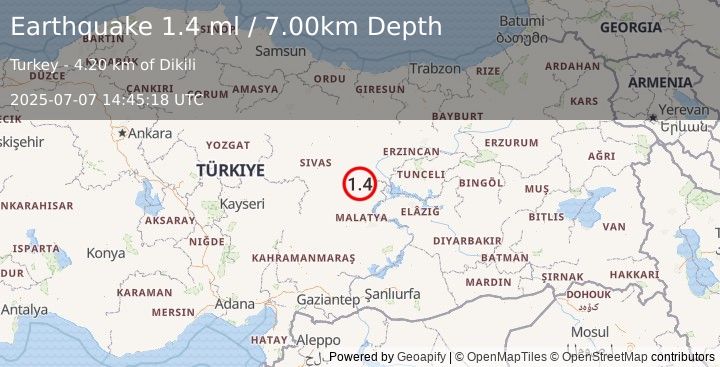 Earthquake EASTERN TURKEY (1.4 ml) (2025-07-07 14:45:18 UTC)
