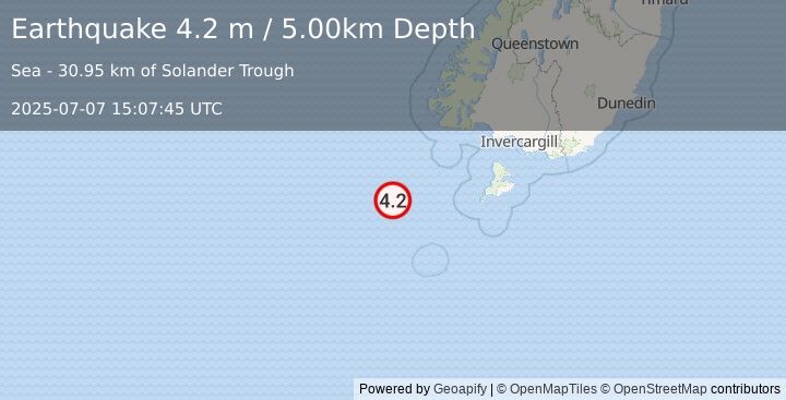 Earthquake OFF W. COAST OF S. ISLAND, N.Z. (4.2 m) (2025-07-07 15:07:45 UTC)