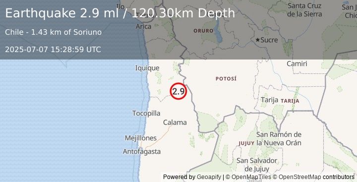 Earthquake TARAPACA, CHILE (2.9 ml) (2025-07-07 15:28:59 UTC)