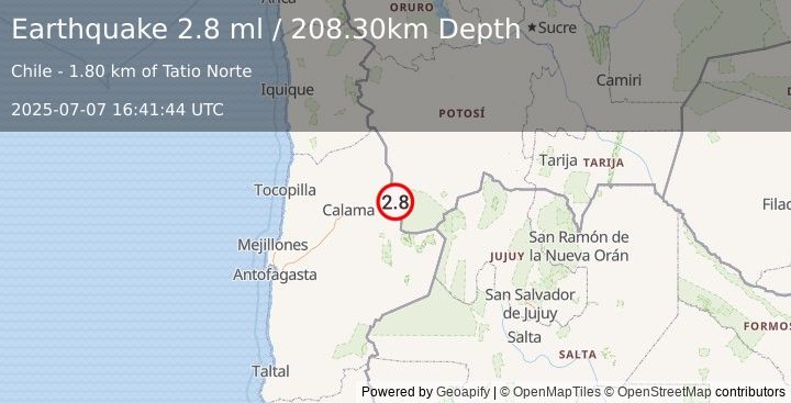 Earthquake ANTOFAGASTA, CHILE (2.8 ml) (2025-07-07 16:41:44 UTC)