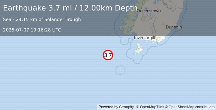 Earthquake OFF W. COAST OF S. ISLAND, N.Z. (3.7 ml) (2025-07-07 19:16:28 UTC)