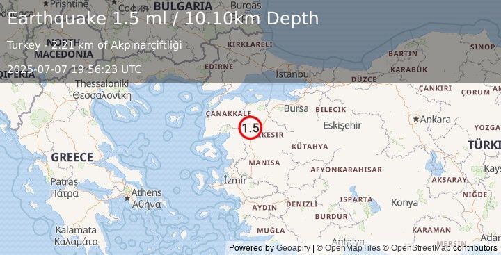 Earthquake WESTERN TURKEY (1.5 ml) (2025-07-07 19:56:23 UTC)