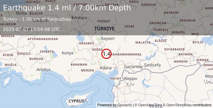 Earthquake CENTRAL TURKEY (1.4 ml) (2025-07-07 19:54:08 UTC)