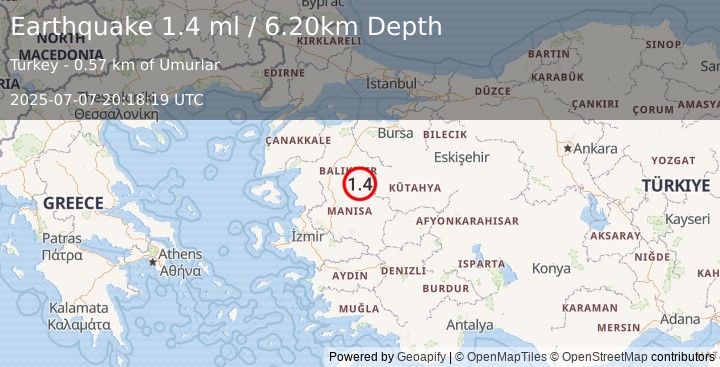 Earthquake WESTERN TURKEY (1.4 ml) (2025-07-07 20:18:19 UTC)