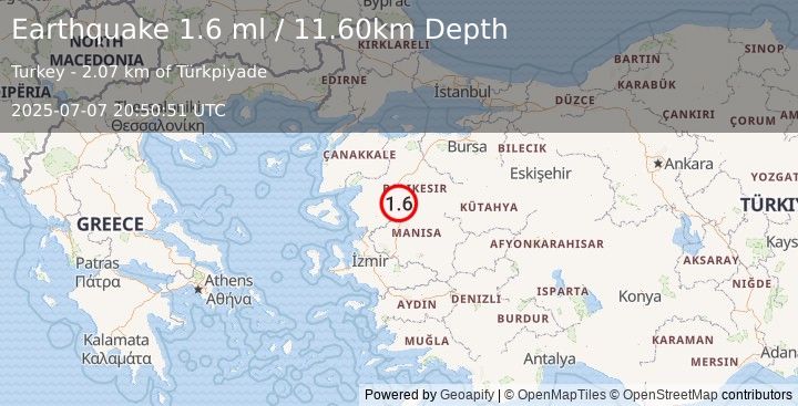 Earthquake WESTERN TURKEY (1.6 ml) (2025-07-07 20:50:51 UTC)