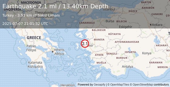 Earthquake NEAR THE COAST OF WESTERN TURKEY (2.1 ml) (2025-07-07 21:01:33 UTC)