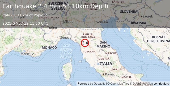 Earthquake NORTHERN ITALY (2.4 ml) (2025-07-07 22:11:50 UTC)