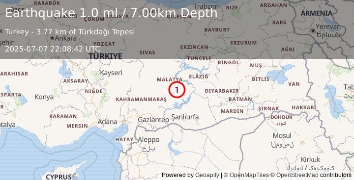Earthquake EASTERN TURKEY (1.0 ml) (2025-07-07 22:08:42 UTC)