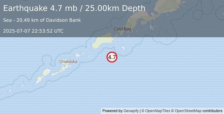 Earthquake UNIMAK ISLAND REGION, ALASKA (4.7 mb) (2025-07-07 22:53:52 UTC)