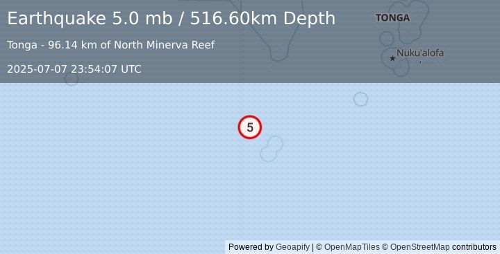 Earthquake SOUTH OF FIJI ISLANDS (5.0 mb) (2025-07-07 23:54:07 UTC)