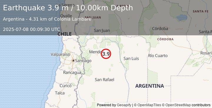 Earthquake MENDOZA, ARGENTINA (3.9 m) (2025-07-08 00:09:30 UTC)