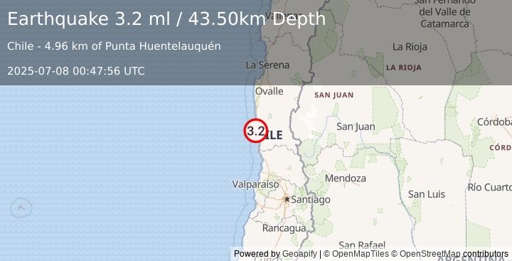 Earthquake OFFSHORE COQUIMBO, CHILE (3.2 ml) (2025-07-08 00:47:56 UTC)