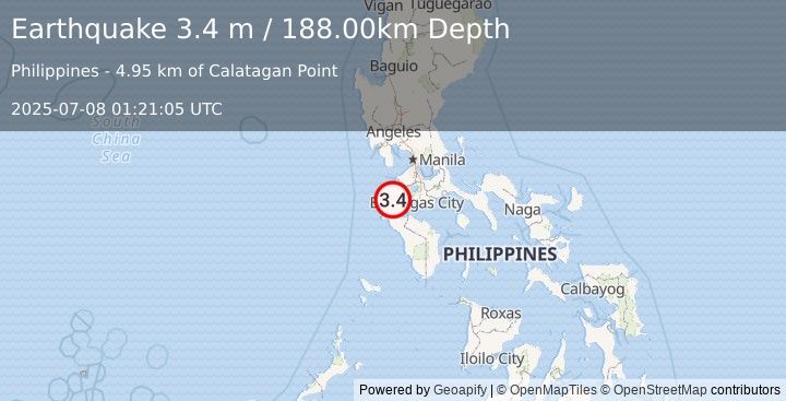 Earthquake MINDORO, PHILIPPINES (3.4 m) (2025-07-08 01:21:04 UTC)