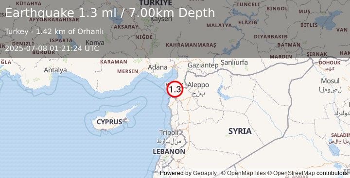 Earthquake TURKEY-SYRIA BORDER REGION (1.3 ml) (2025-07-08 01:21:24 UTC)