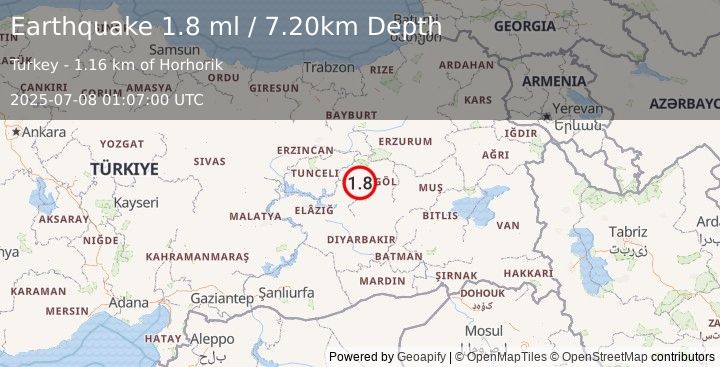 Earthquake EASTERN TURKEY (1.8 ml) (2025-07-08 01:07:00 UTC)