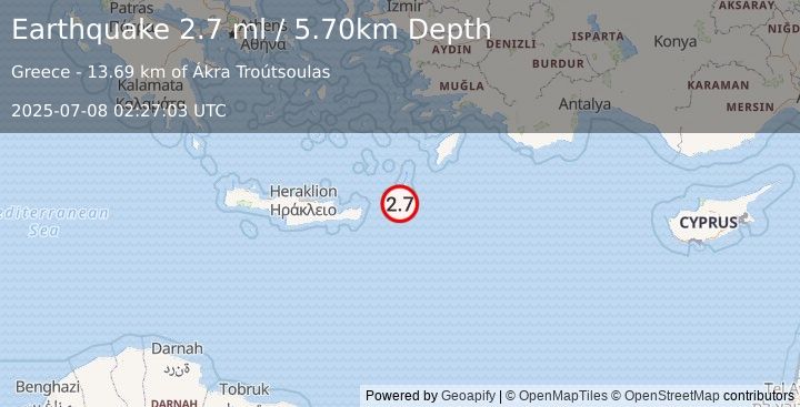 Earthquake DODECANESE ISLANDS, GREECE (2.7 ml) (2025-07-08 02:27:03 UTC)