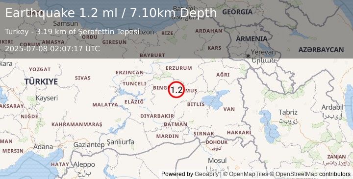 Earthquake EASTERN TURKEY (1.2 ml) (2025-07-08 02:07:17 UTC)