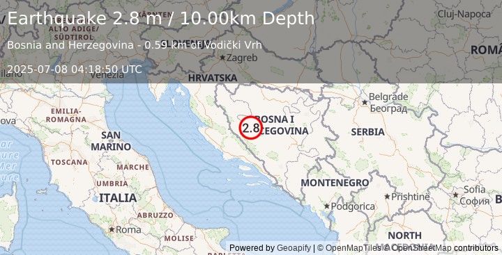 Earthquake BOSNIA AND HERZEGOVINA (2.8 m) (2025-07-08 04:18:49 UTC)