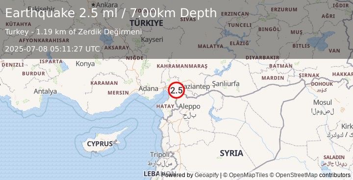 Earthquake TURKEY-SYRIA BORDER REGION (2.5 ml) (2025-07-08 05:11:27 UTC)