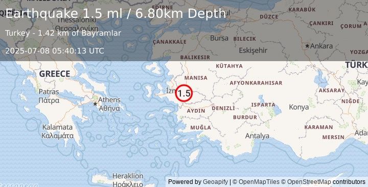 Earthquake WESTERN TURKEY (1.5 ml) (2025-07-08 05:40:13 UTC)