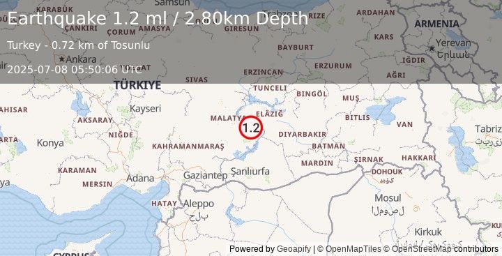 Earthquake EASTERN TURKEY (1.2 ml) (2025-07-08 05:50:06 UTC)