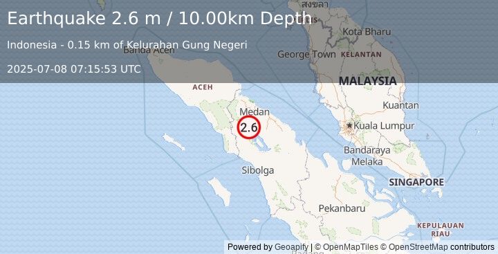 Earthquake NORTHERN SUMATRA, INDONESIA (2.6 m) (2025-07-08 07:15:53 UTC)